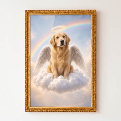 Pet memorial canvas wall art featuring an angel golden retriever with halo and wings on a cloud with rainbow, housed in an ornate gold frame.