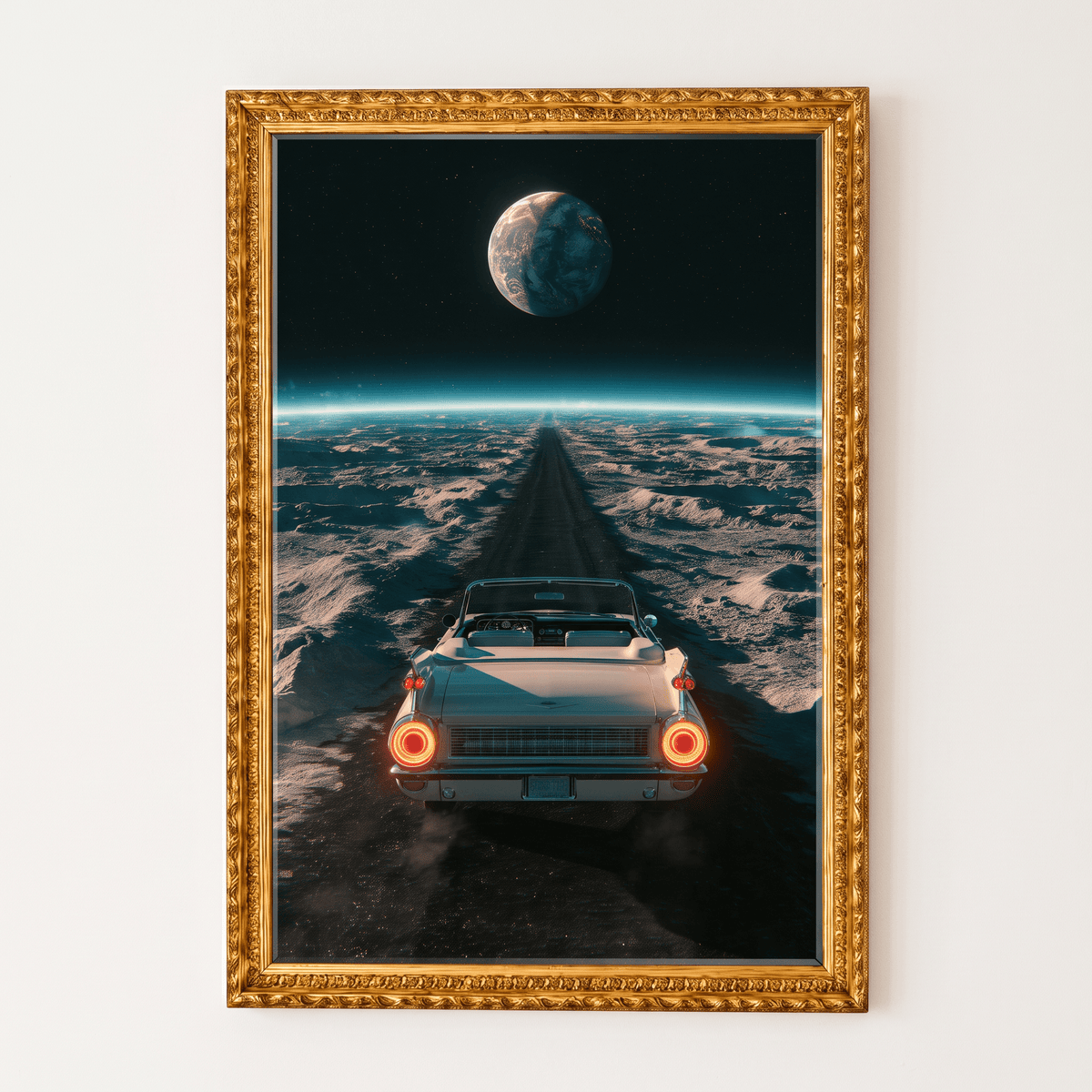 Vintage convertible driving on a lunar road in an ornate gold framed canvas print, retro sci-fi space wall art.