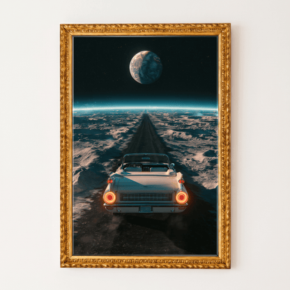 Vintage convertible driving on a lunar road in an ornate gold framed canvas print, retro sci-fi space wall art.