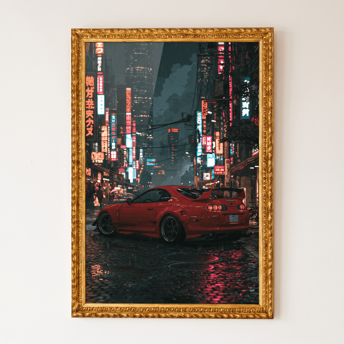 Red sports car night city print in light wood frame