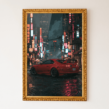 Red sports car night city print in light wood frame