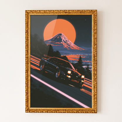 JDM sports car drifting down mountain pass with Mount Fuji and full moon art print in an ornate gold frame on a neutral wall.