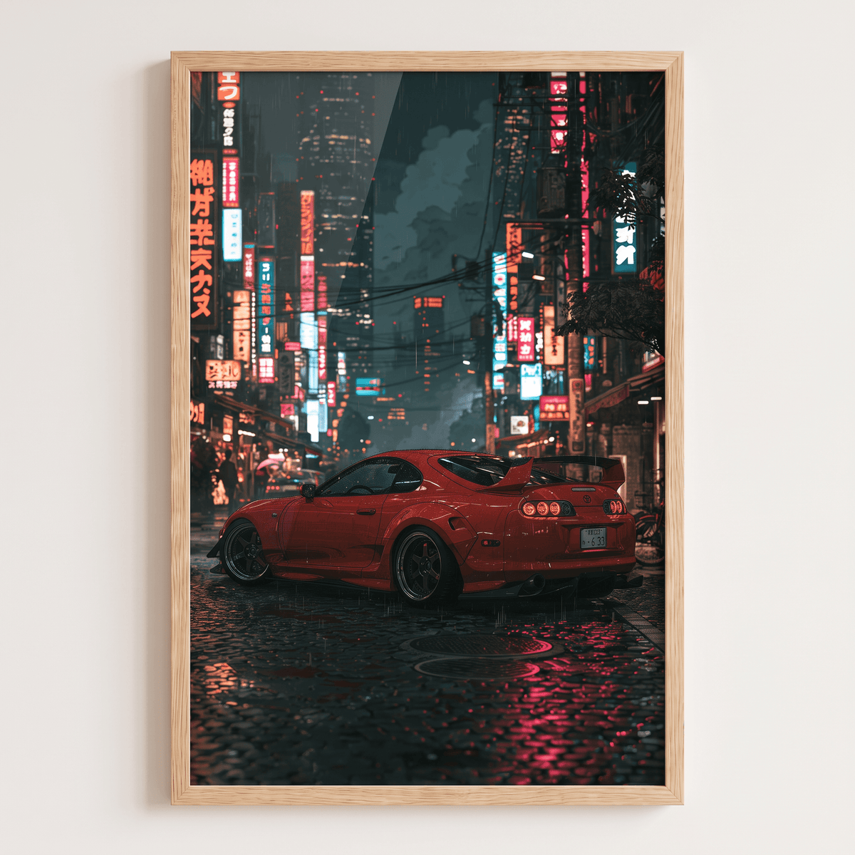 Red sports car night city light-box above leather armchair