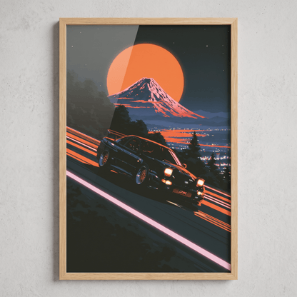 Framed canvas wall art in a natural oak frame featuring a Japanese sports car drifting down a mountain pass with Mount Fuji and sunset moon.