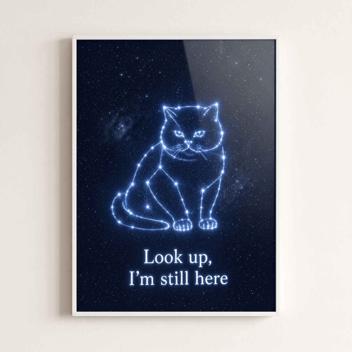 Cat memorial canvas art in a white frame featuring a glowing star constellation of a cat with quote Look Up I'm Still Here against a starry night sky.