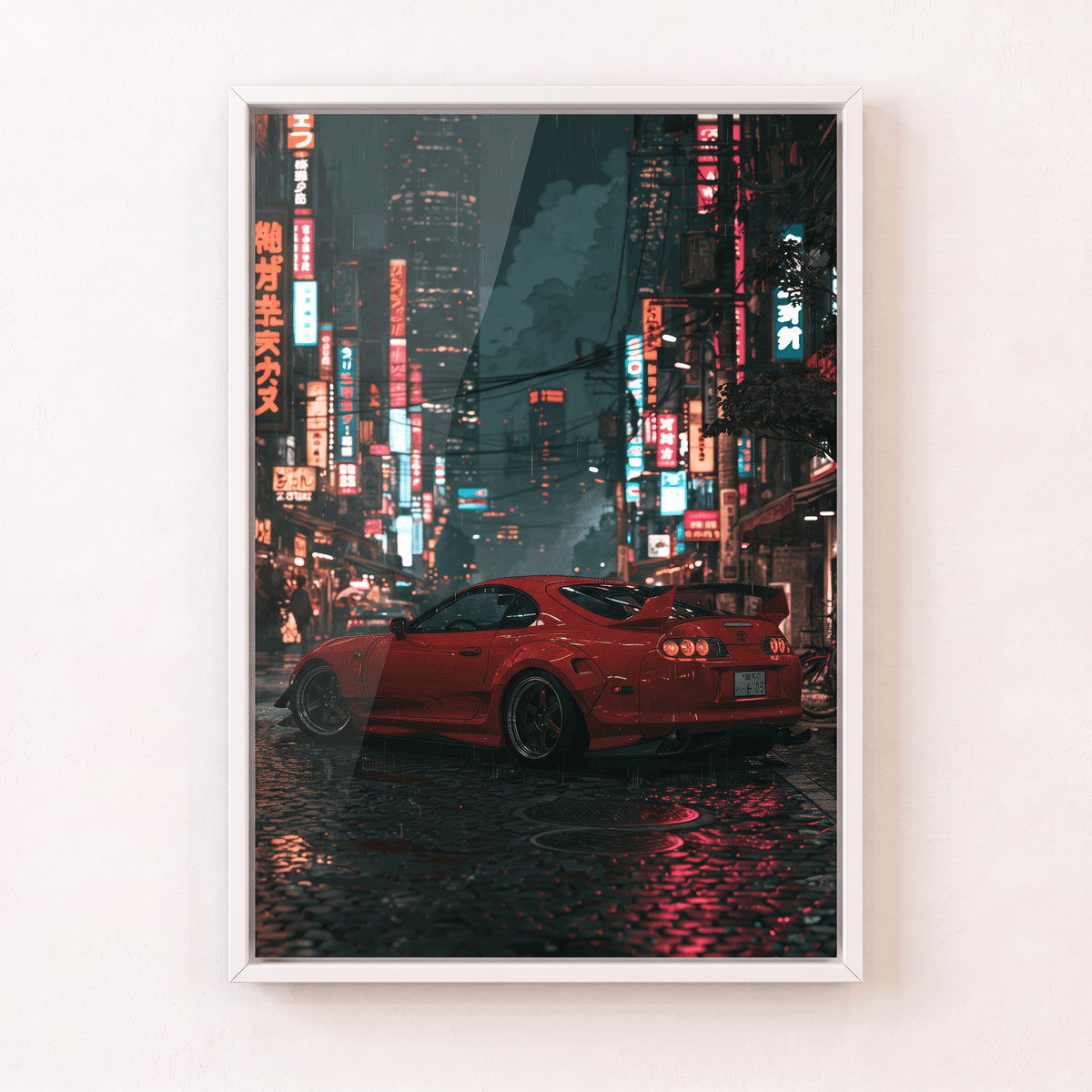 Red sports car night city print in ornate gold frame