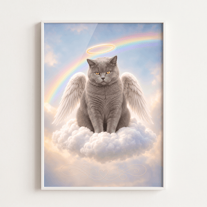 Custom pet memorial framed canvas print featuring a grey angel cat with wings, halo, and rainbow in a modern white frame.