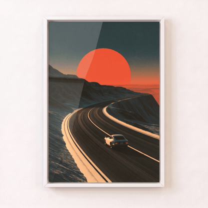 White framed canvas print of a classic sports car cruising along a winding highway under a massive glowing sunset sun, modern automotive wall art.