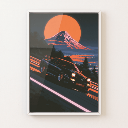 Framed white canvas wall art featuring a retro JDM sports car speeding on a mountain road under an orange moon and Mount Fuji.