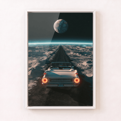 Surreal sci-fi retro convertible car driving on a lunar road under a distant planet, framed canvas art in sleek white frame.