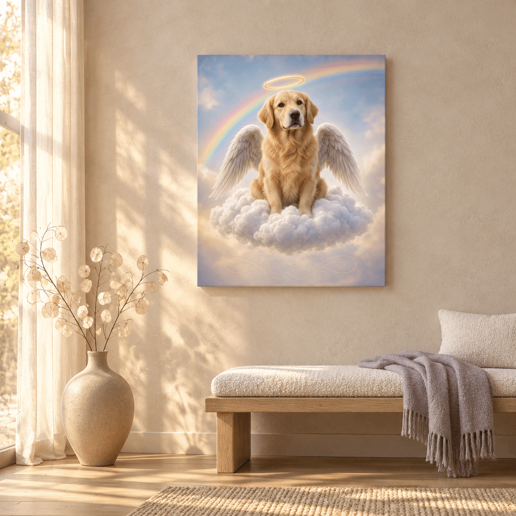 Custom pet memorial canvas print mockup in warm neutral living room, showing an angel golden retriever with halo and wings on clouds.