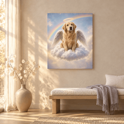 Custom pet memorial canvas print mockup in warm neutral living room, showing an angel golden retriever with halo and wings on clouds.