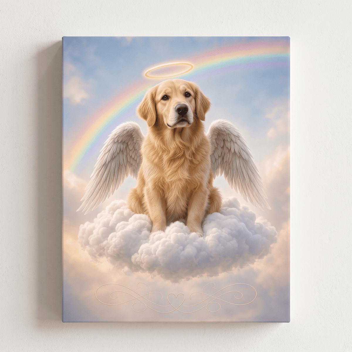 Memorial Golden Retriever angel canvas print with wings, halo, and rainbow on a cloud, displayed as wall art.