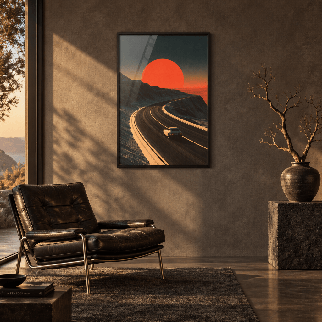 Black framed canvas print of a classic sports car driving into a crimson sunset hung in a modern minimalist living room with black leather chair.