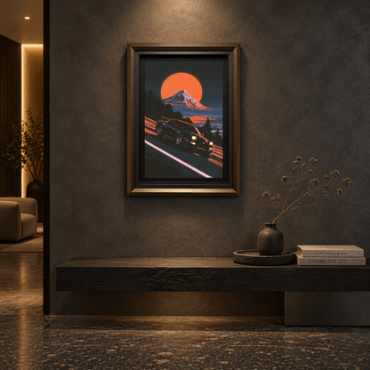 Framed canvas wall art featuring a retro drift car on a mountain pass under a glowing red sun, displayed in a stylish modern room with black floating frame.