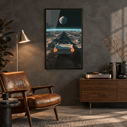 Framed canvas wall art in black frame above modern mid-century credenza and leather chair, showing vintage convertible driving on lunar surface towards Earth.