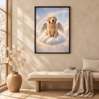 Black framed canvas print mockup in modern living room featuring an angel golden retriever with wings and halo on a cloud with rainbow.