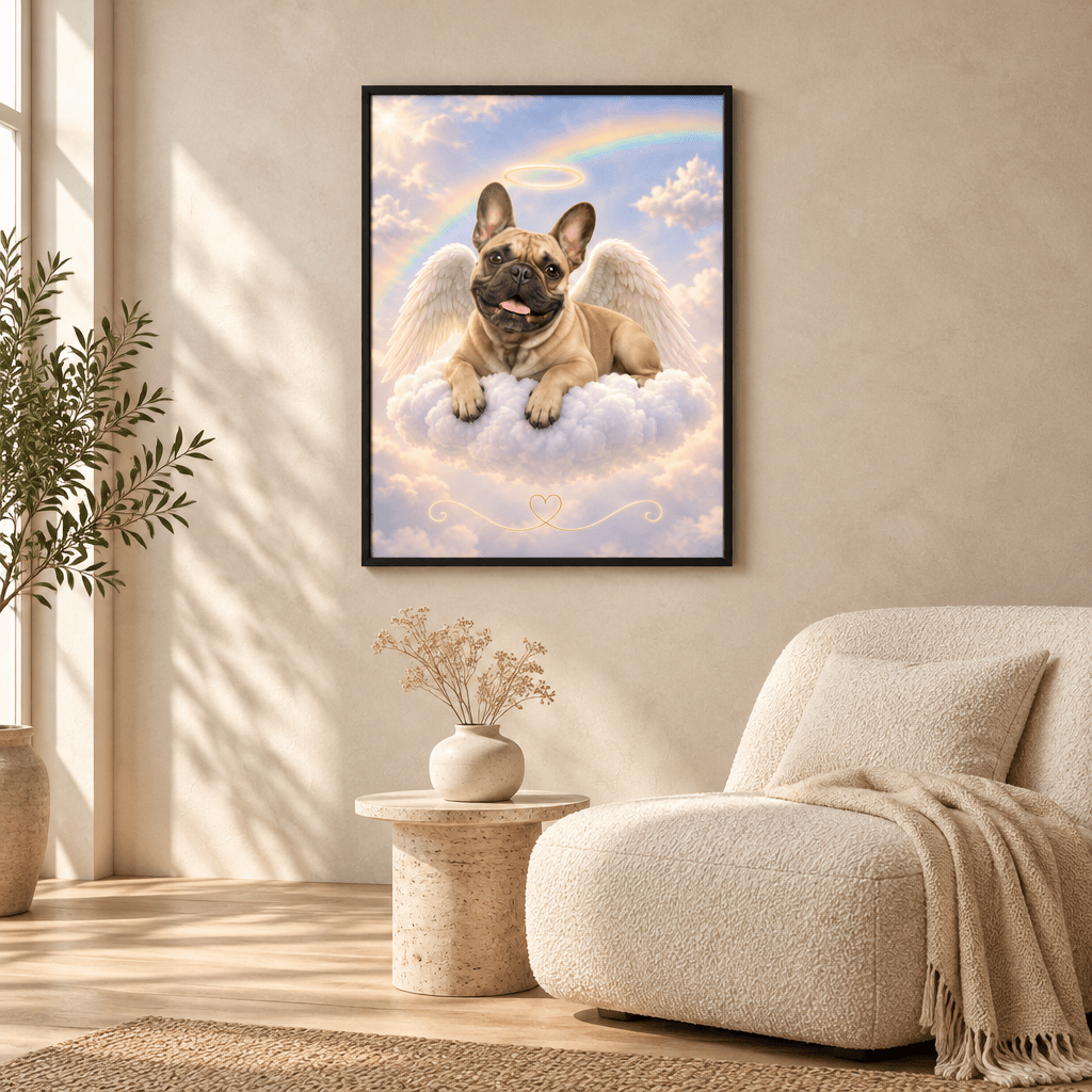 Custom pet memorial framed canvas print of a French bulldog angel with wings and halo hung in a modern, neutral living room setting.