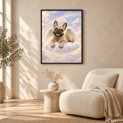 Custom pet memorial framed canvas print of a French bulldog angel with wings and halo hung in a modern, neutral living room setting.