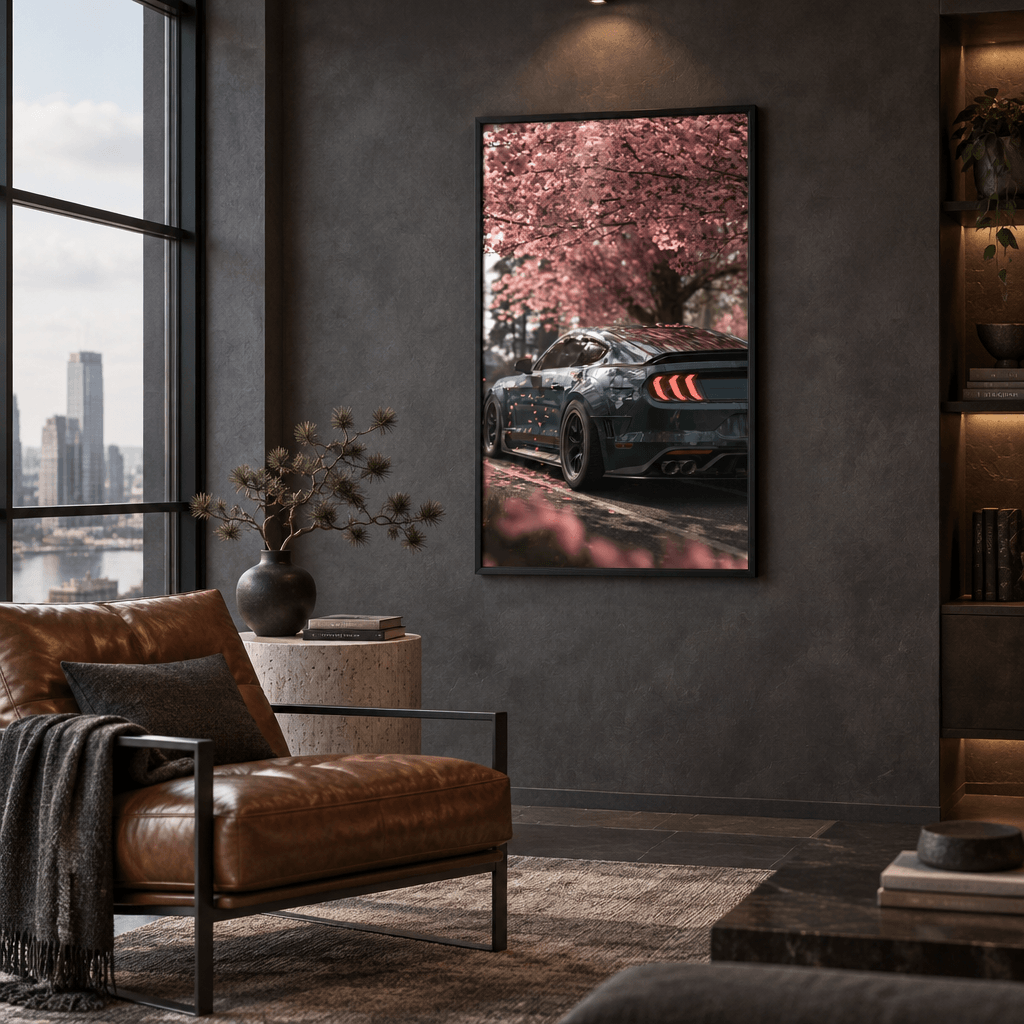 Modern muscle car under pink cherry blossom trees framed canvas print in black frame hanging in a moody luxury living room interior.