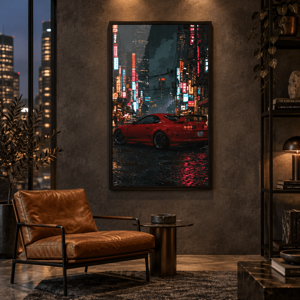 Red sports car night city framed print above leather armchair