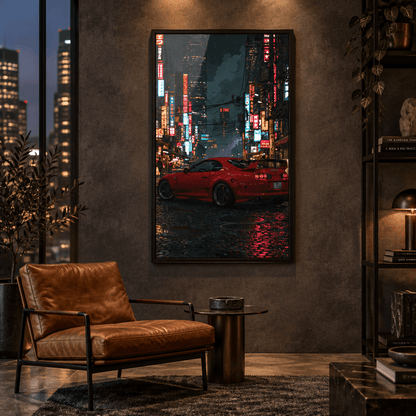 Red sports car night city framed print above leather armchair
