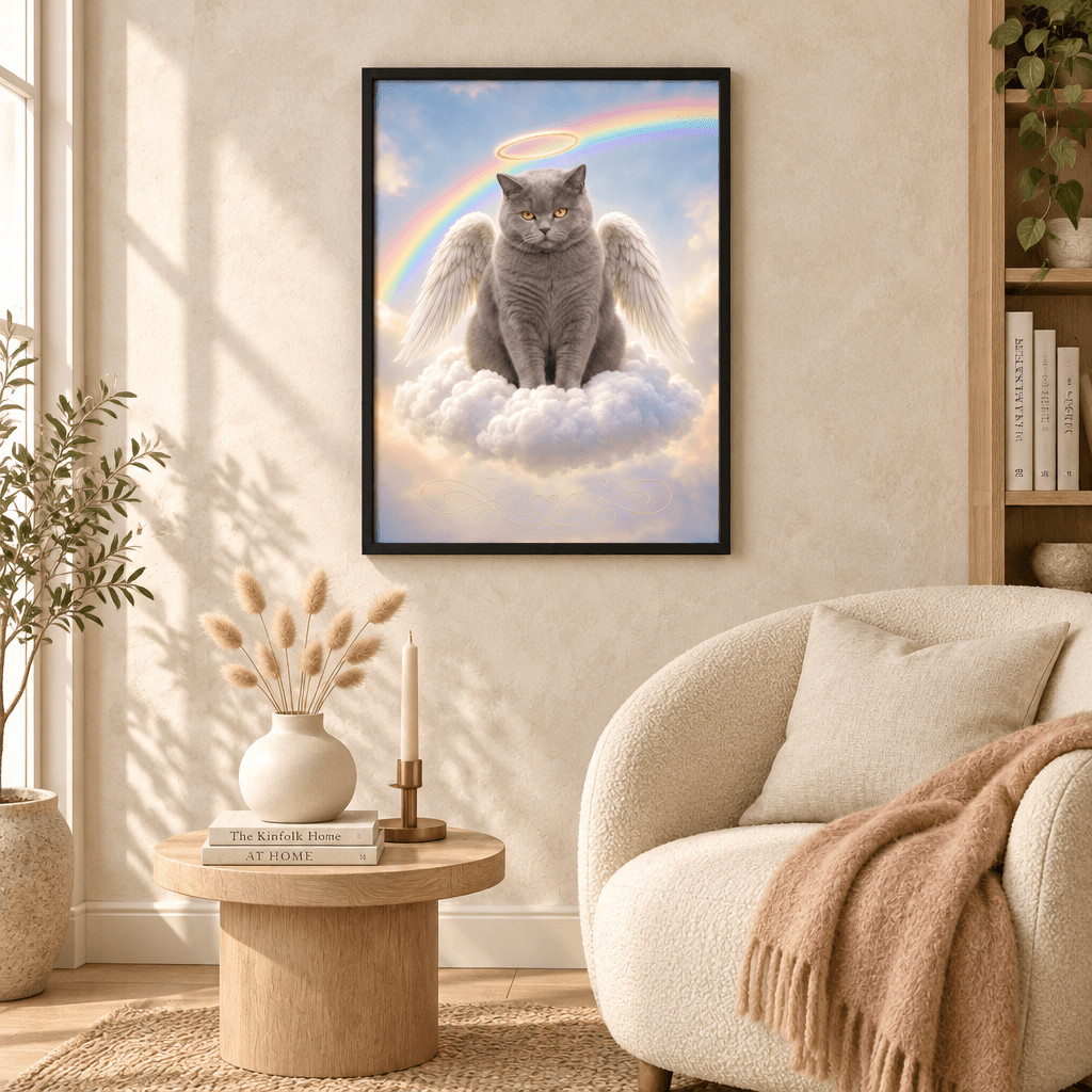 Custom angel cat memorial canvas print with black frame hanging in a warm modern living room above a bouclé armchair.