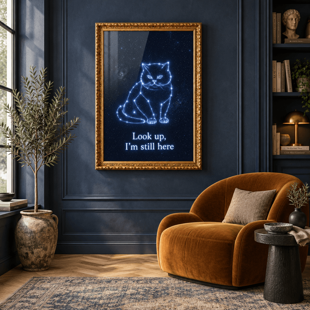 Cat memorial constellation canvas wall art in an ornate gold frame, hung in a sophisticated navy living room with an armchair.