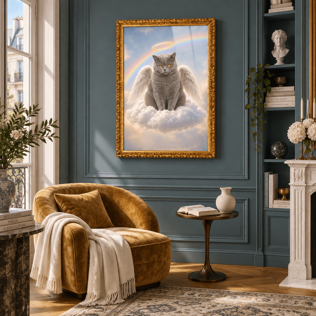 Pet memorial angel cat canvas print in ornate gold frame displayed above a velvet armchair in an elegant living room interior.