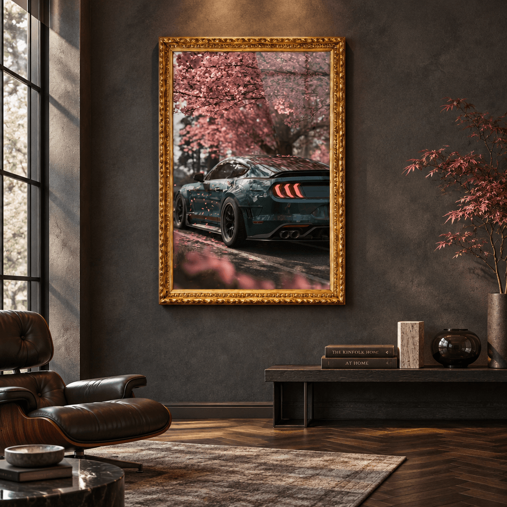 Ornate gold framed canvas wall art of a modern sports car under pink cherry blossoms in a luxury dark moody lounge with leather chair.