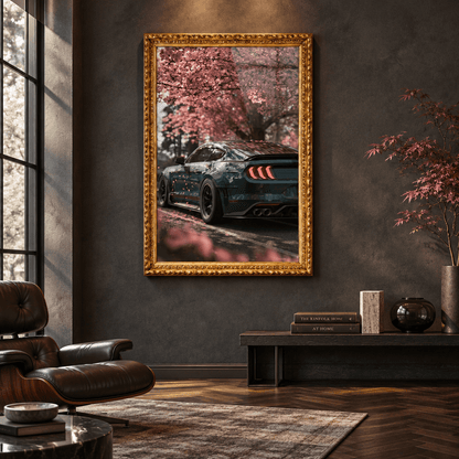 Ornate gold framed canvas wall art of a modern sports car under pink cherry blossoms in a luxury dark moody lounge with leather chair.