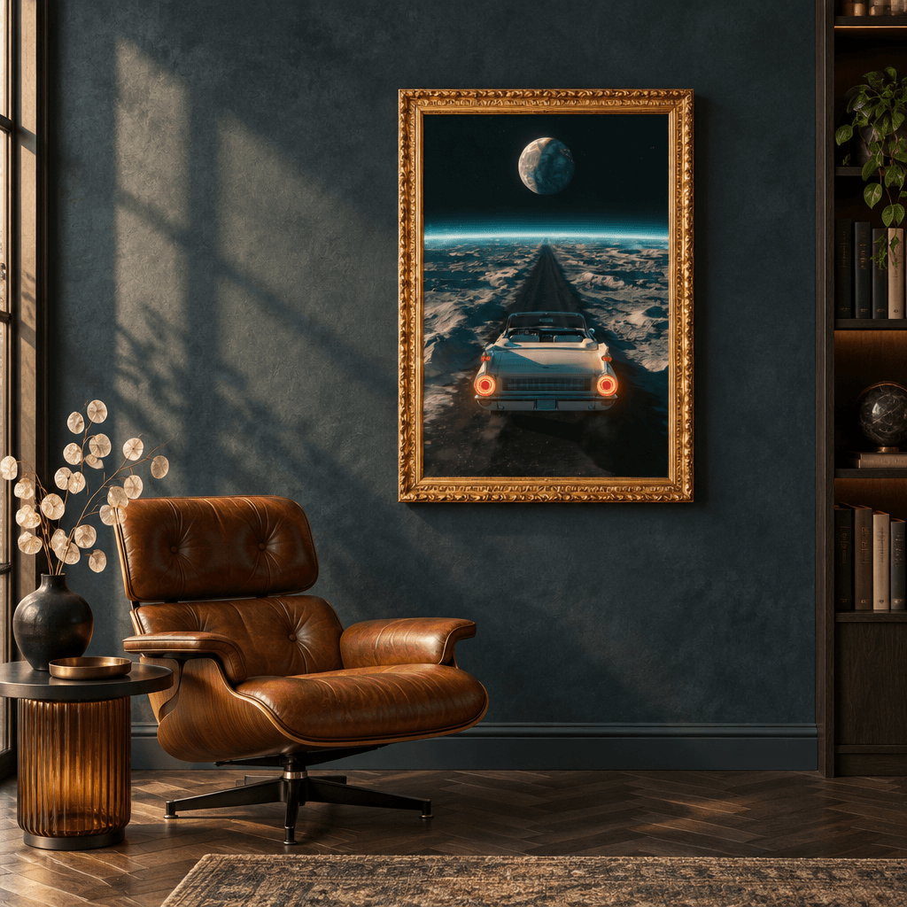 Framed canvas wall art in an ornate gold frame featuring a vintage car driving through space toward Earth, hung in a luxury dark aesthetic living room.