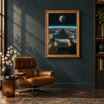 Framed canvas wall art in an ornate gold frame featuring a vintage car driving through space toward Earth, hung in a luxury dark aesthetic living room.