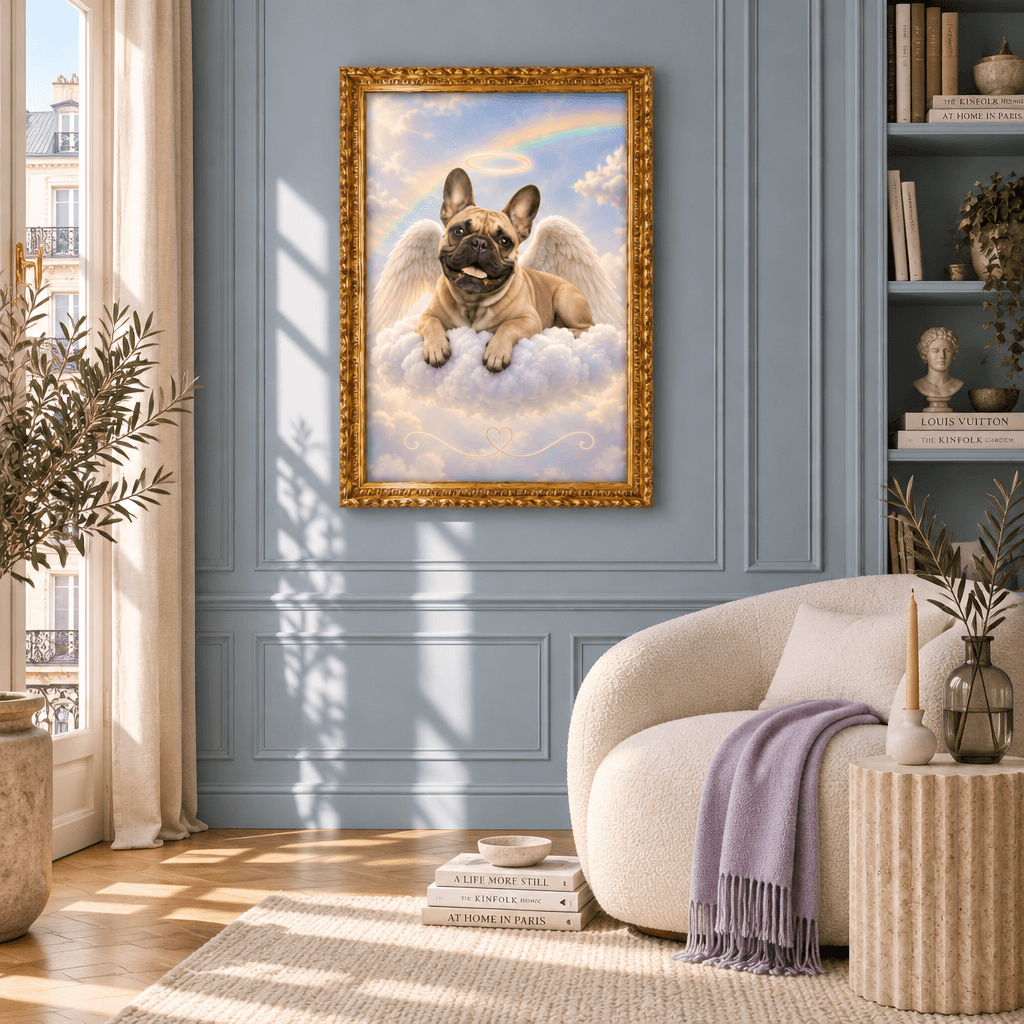 French bulldog angel pet memorial framed canvas print hanging on an elegant blue wall in a modern living room interior.