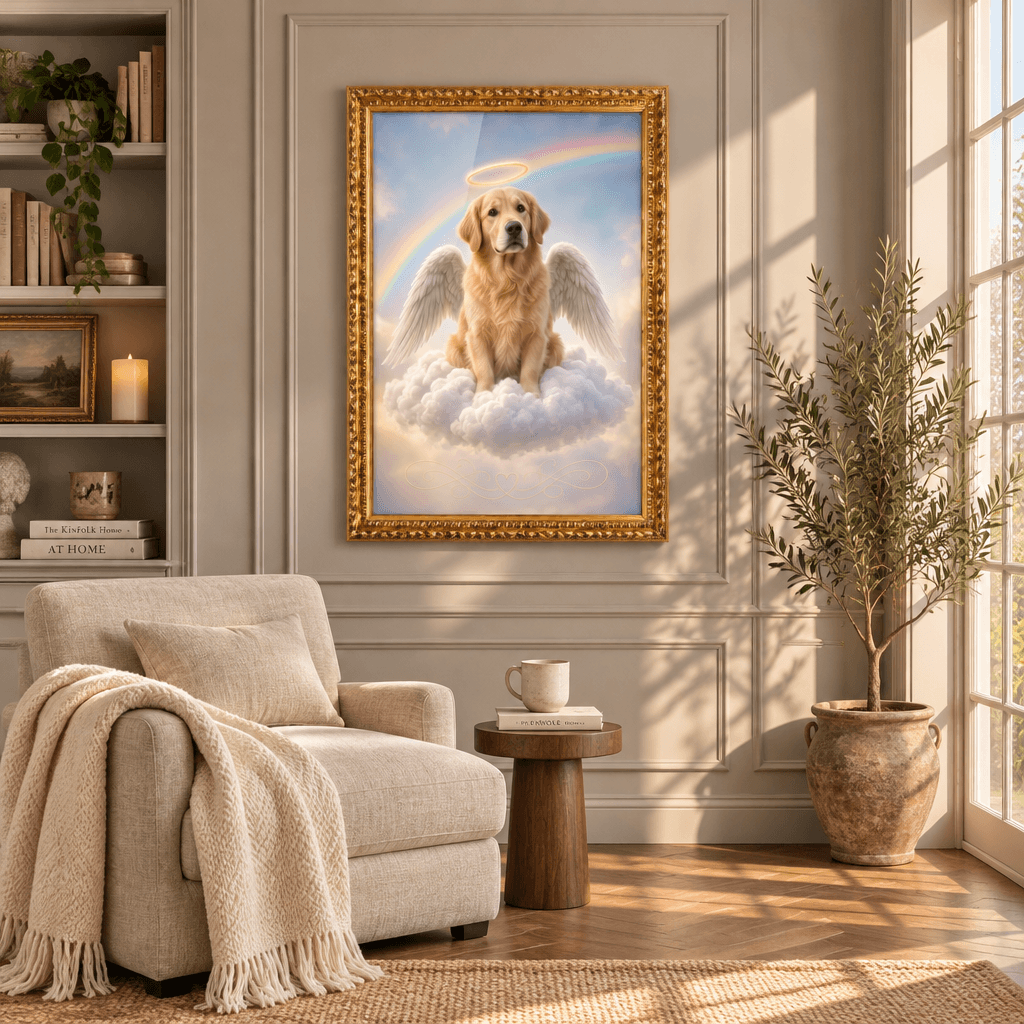 Custom pet memorial canvas print featuring an angel golden retriever on clouds in an ornate gold frame mounted on a neutral living room wall.