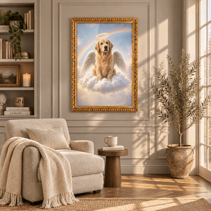 Custom pet memorial canvas print featuring an angel golden retriever on clouds in an ornate gold frame mounted on a neutral living room wall.