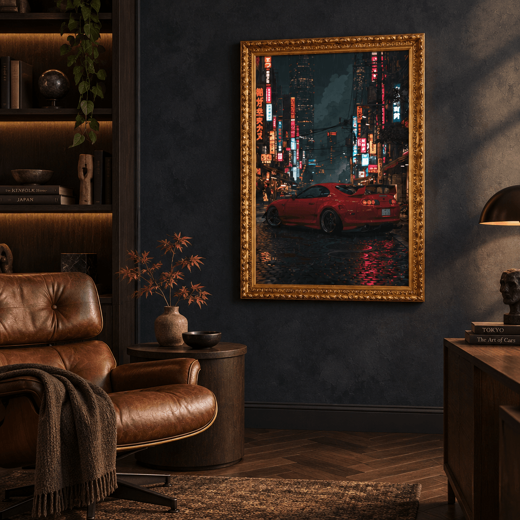 Red sports car night city print in oak frame above bench