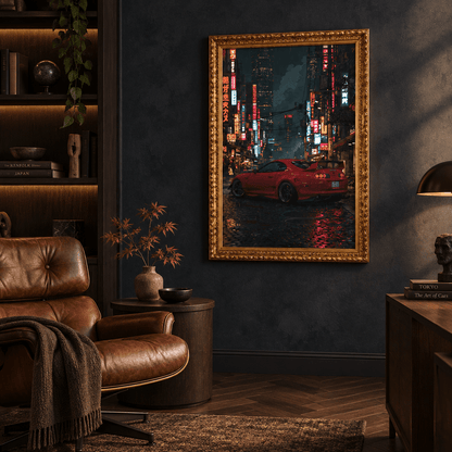 Red sports car night city print in oak frame above bench
