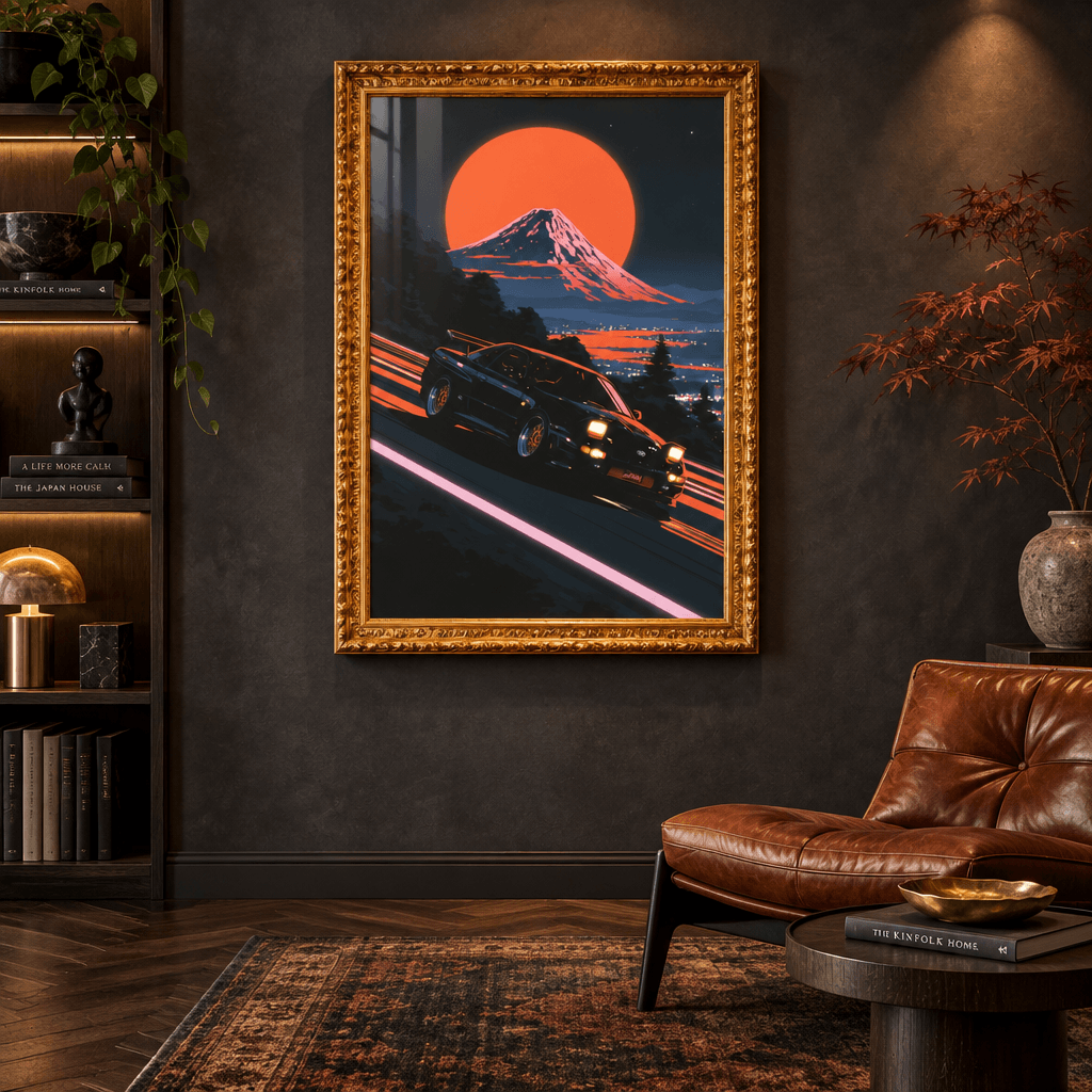 Ornate gold framed canvas art of a retro sports car drifting down a mountain pass at sunset, displayed above a leather armchair in a moody dark living room.