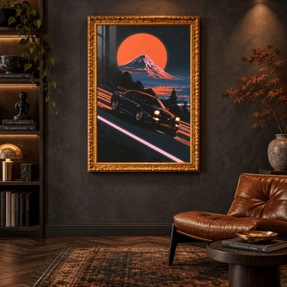 Ornate gold framed canvas art of a retro sports car drifting down a mountain pass at sunset, displayed above a leather armchair in a moody dark living room.