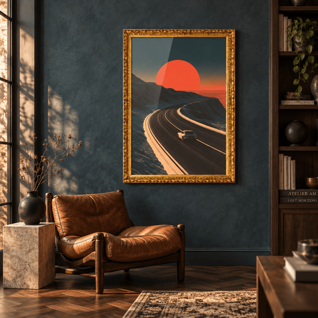 Ornate gold framed canvas art in an elegant living room featuring a vintage coupe driving toward a giant red sunset on a winding coastal road.