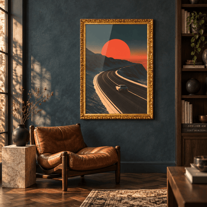 Ornate gold framed canvas art in an elegant living room featuring a vintage coupe driving toward a giant red sunset on a winding coastal road.