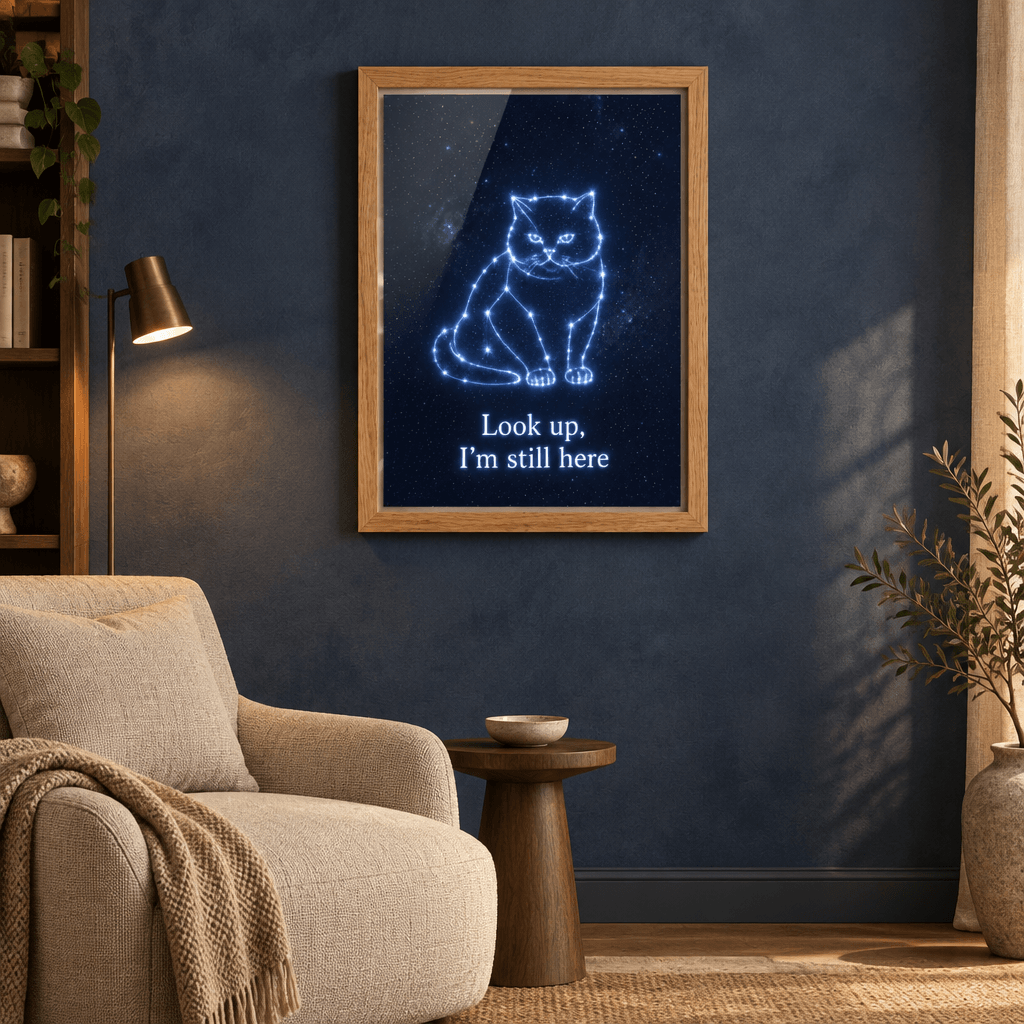 Pet memorial cat constellation canvas wall art in natural oak frame styled in a stylish navy living room above a beige armchair.