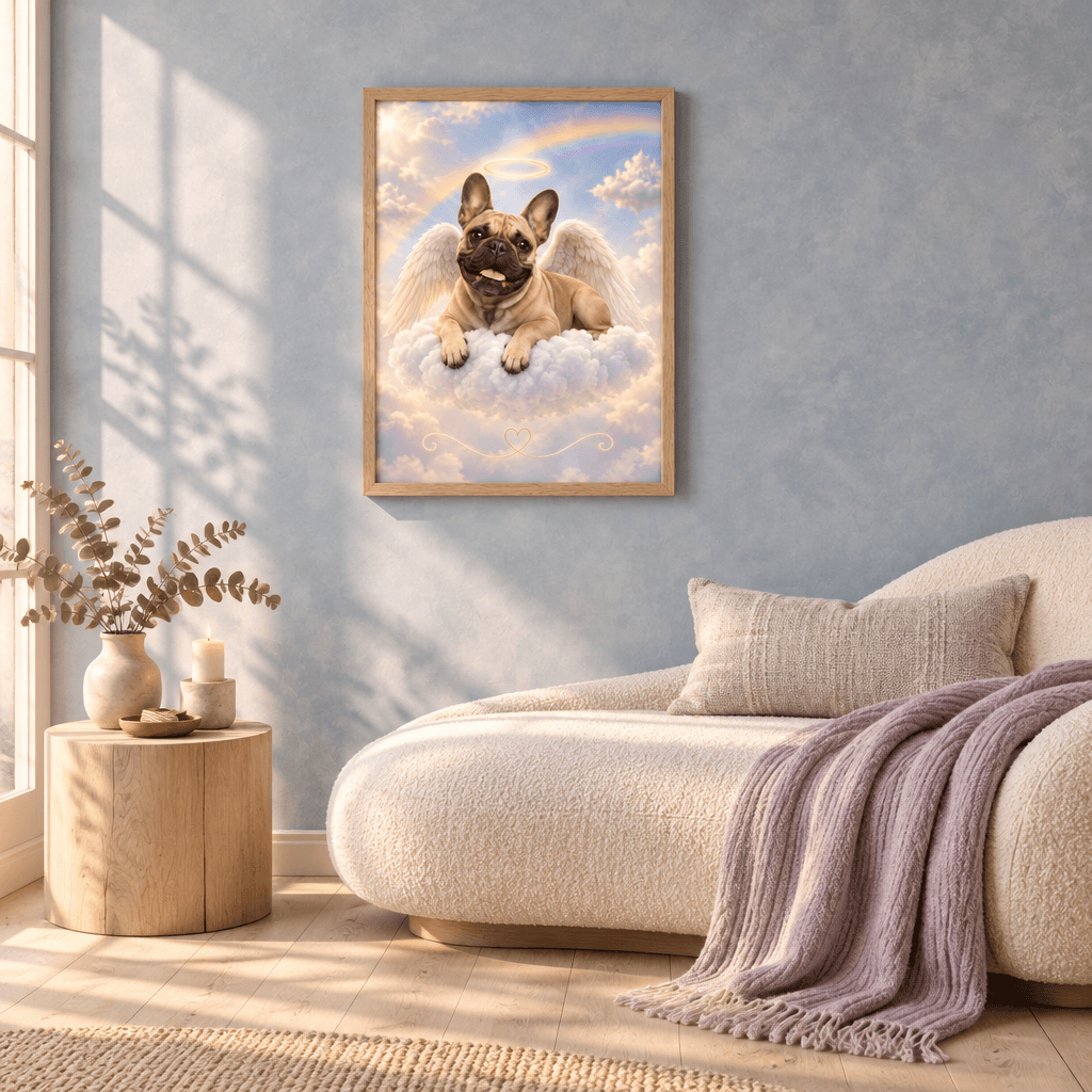 Oak framed canvas wall art of an angel French bulldog on clouds displayed above a cozy chaise lounge in a sunlit modern living room.