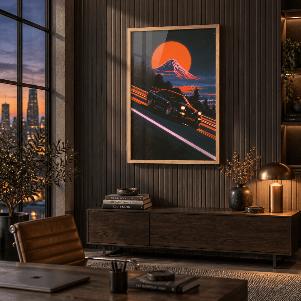 Oak framed retro Japanese sports car canvas wall art above a console table in a modern moody office interior with city night views.