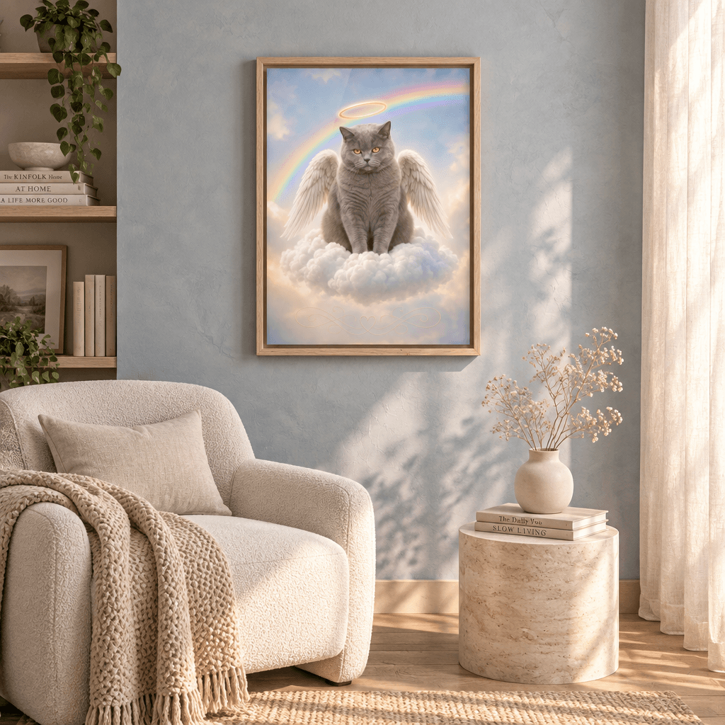 Oak framed canvas print of an angel cat memorial portrait with wings and halo on clouds, hanging in a cozy sunlit living room above an armchair.