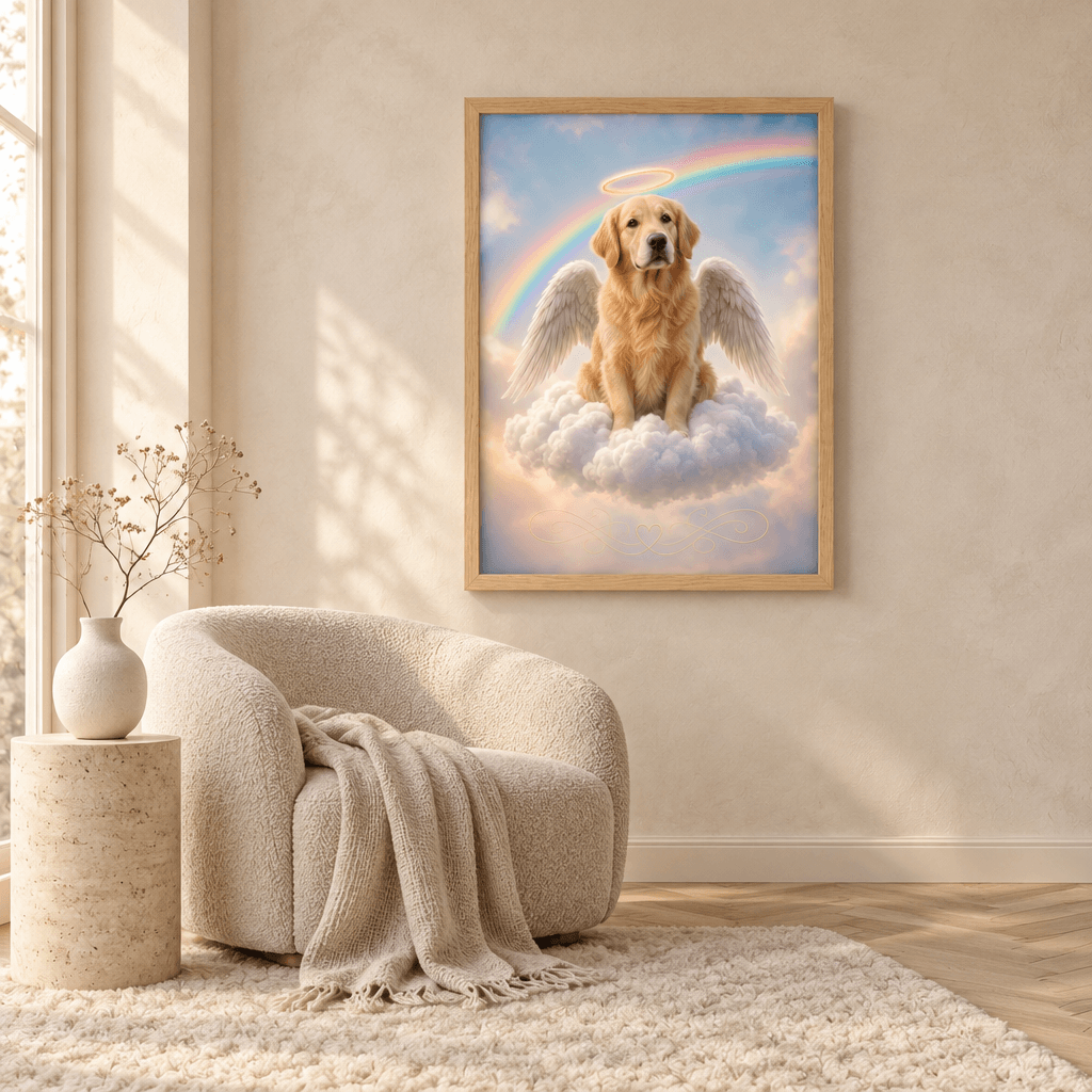 Oak framed canvas print of a golden retriever angel with wings and halo on a cloud, displayed in an aesthetic modern neutral living room.