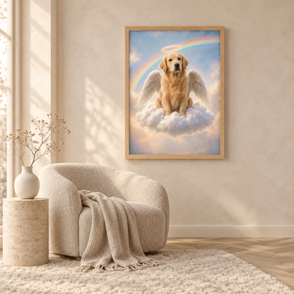 Oak framed canvas print of a golden retriever angel with wings and halo on a cloud, displayed in an aesthetic modern neutral living room.