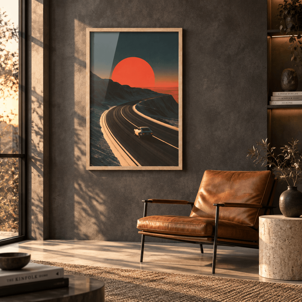 Oak framed canvas wall art of a vintage sports car driving toward a giant red sunset, styled above a leather armchair in a modern living room.