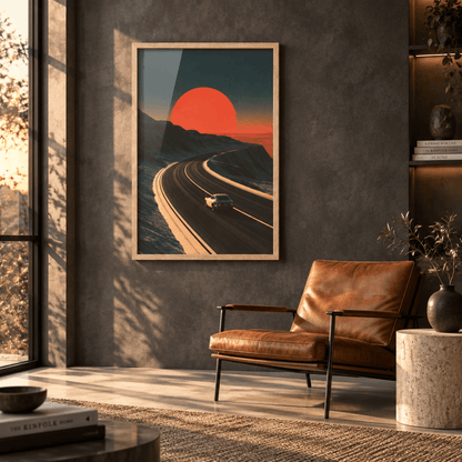 Oak framed canvas wall art of a vintage sports car driving toward a giant red sunset, styled above a leather armchair in a modern living room.